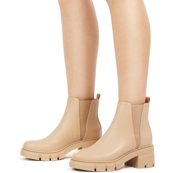 Redtop Women's Nude Faux Leather Elastic Chunky Block Heel Lug Sole Ankle Boot - Picture 7 of 8